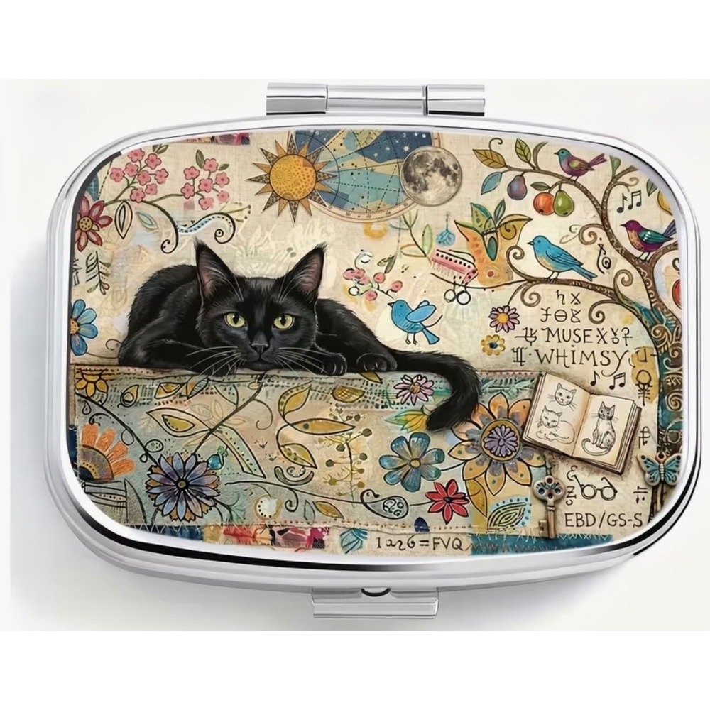 Black Cat Whimsical Folk Art Pill Box Small Silver Jewelry Case New